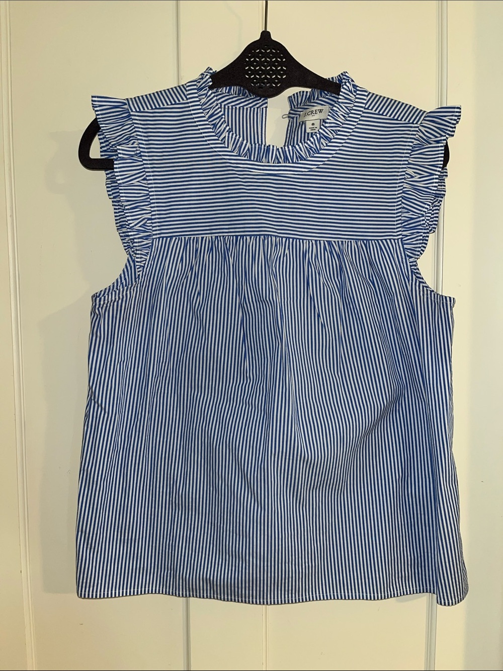 GUC J. Crew Factory Blue and White Striped Ruffle Sleeve Blouse